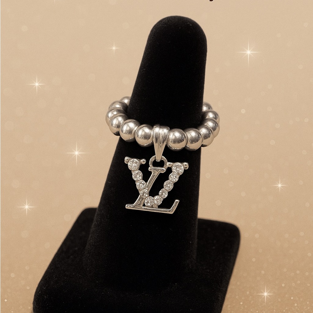 Elegant Silver Beaded Ring with Crystal Initial Charm